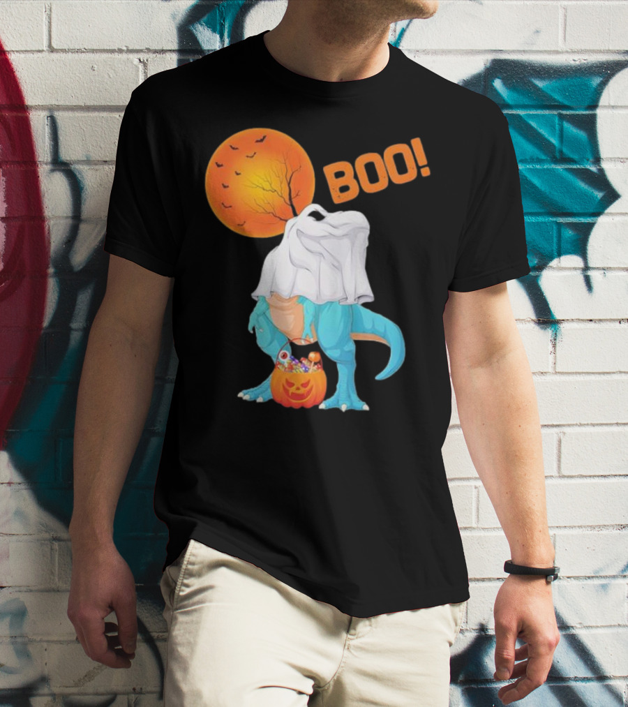 Ghost Dinosaur Rex Boo Halloween Pumpkin Boys Men T-Shirt