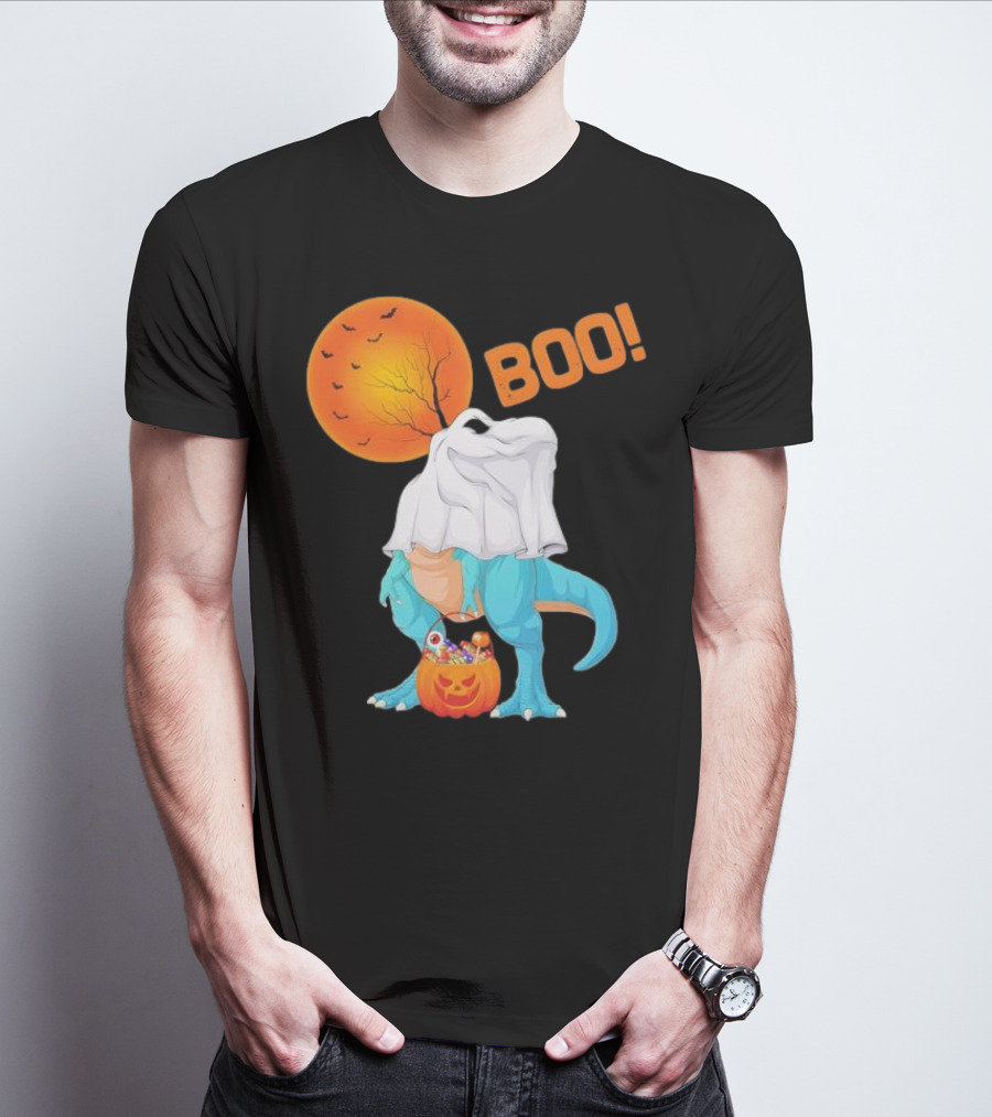 Ghost Dinosaur Rex Boo Halloween Pumpkin Boys Men T-Shirt