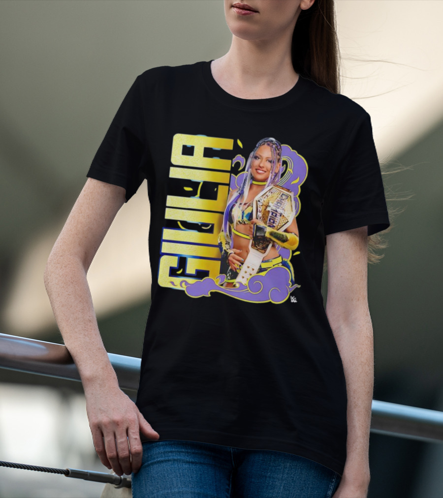 Giulia Smoke Champion Wrestling Character With Belt And Yellow Purple Accents T-Shirt