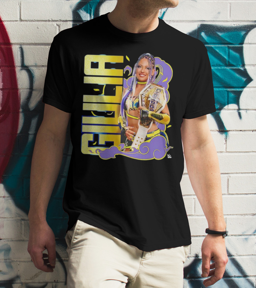 Giulia Smoke Champion Wrestling Character With Belt And Yellow Purple Accents T-Shirt