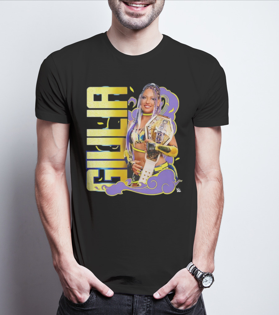 Giulia Smoke Champion Wrestling Character With Belt And Yellow Purple Accents T-Shirt