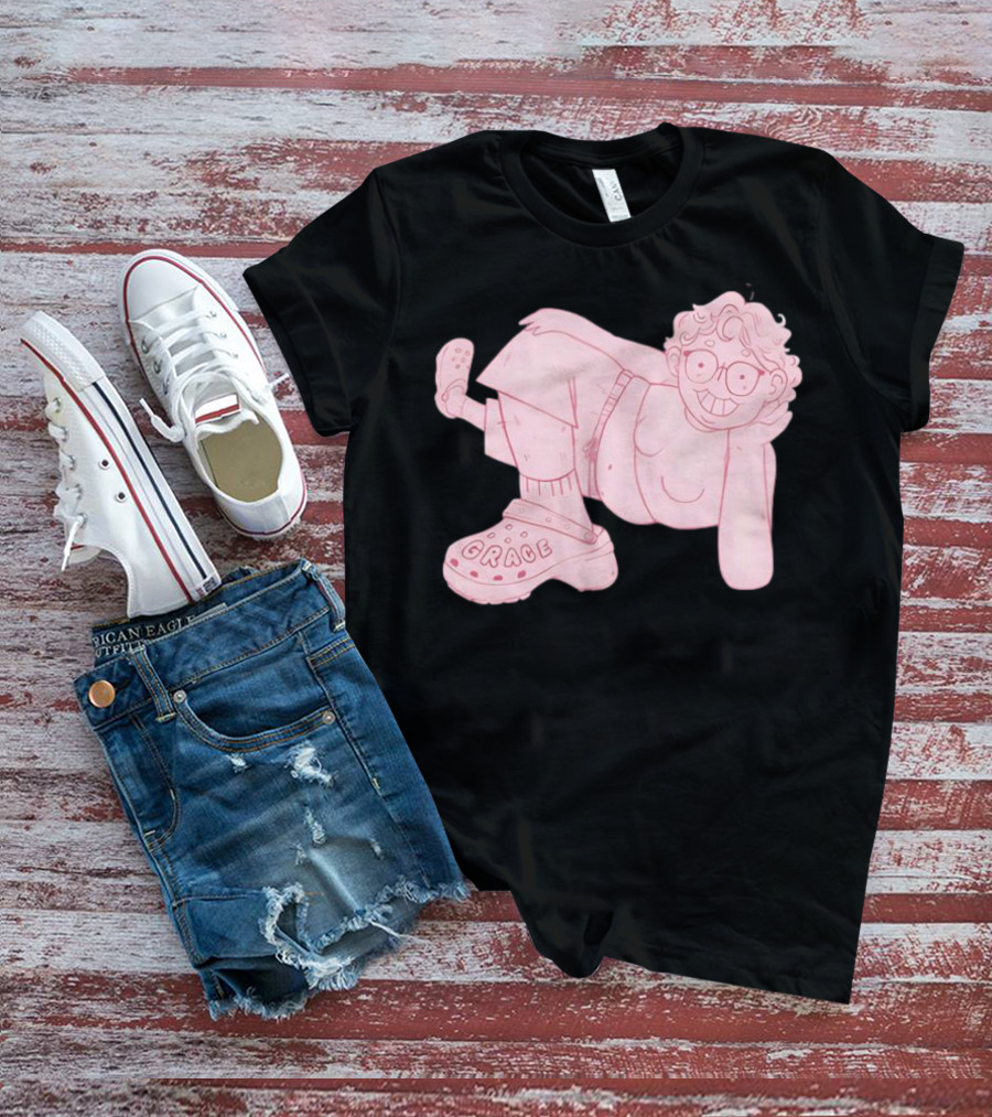 Grace Reiter Crocs Cartoon Character With Pink Outfit And Glasses T-Shirt