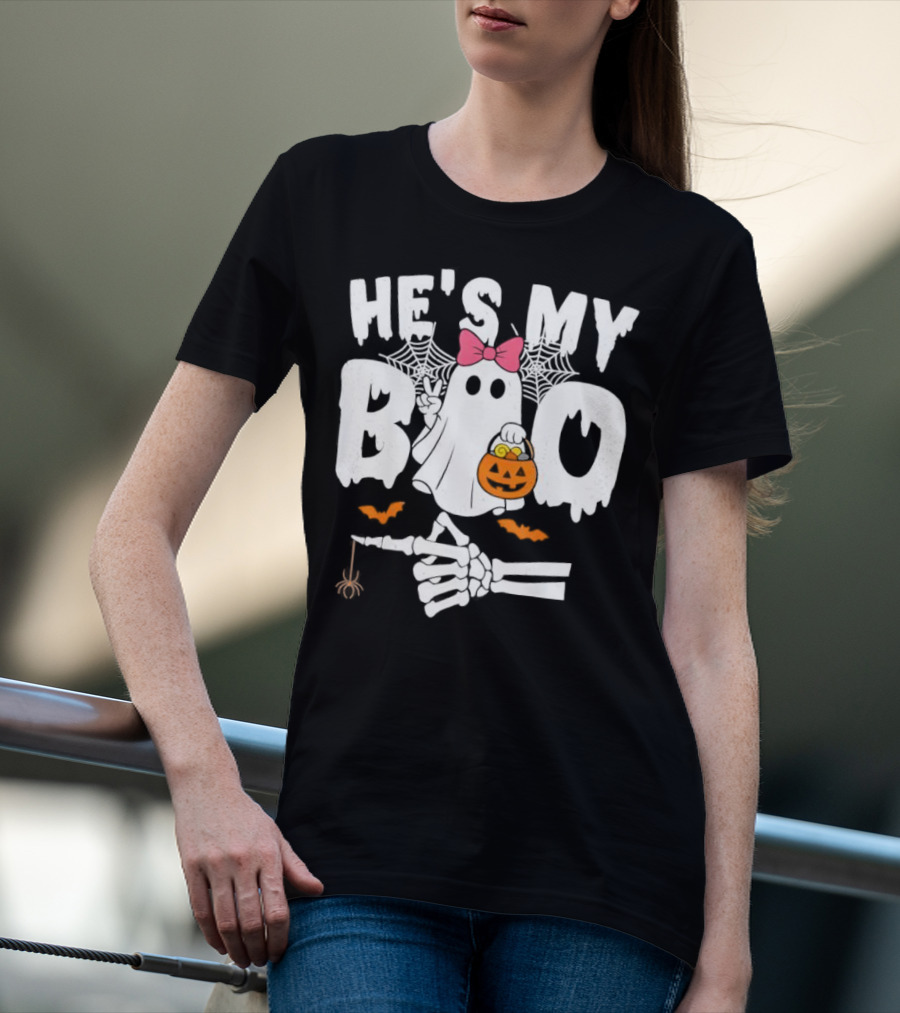 He’s My Boo Pink Bow Ghost With Pumpkin Candy Basket And Skeleton Hand Halloween T-Shirt