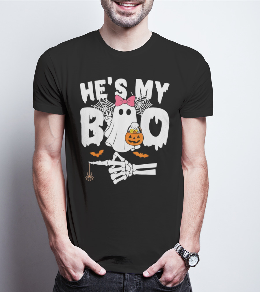 He’s My Boo Pink Bow Ghost With Pumpkin Candy Basket And Skeleton Hand Halloween T-Shirt