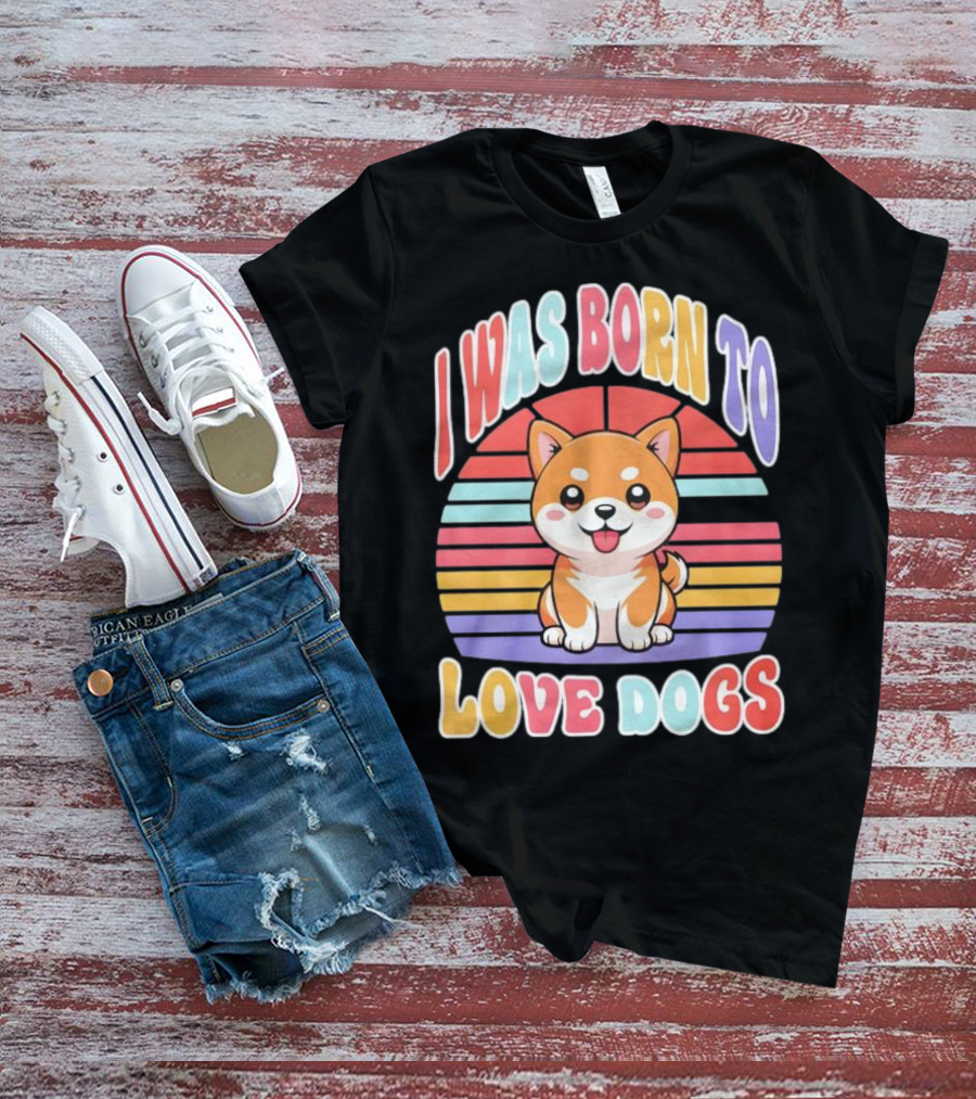 I Was Born To Love Dogs Cute Cartoon Shiba Inu Rainbow Colors T-Shirt