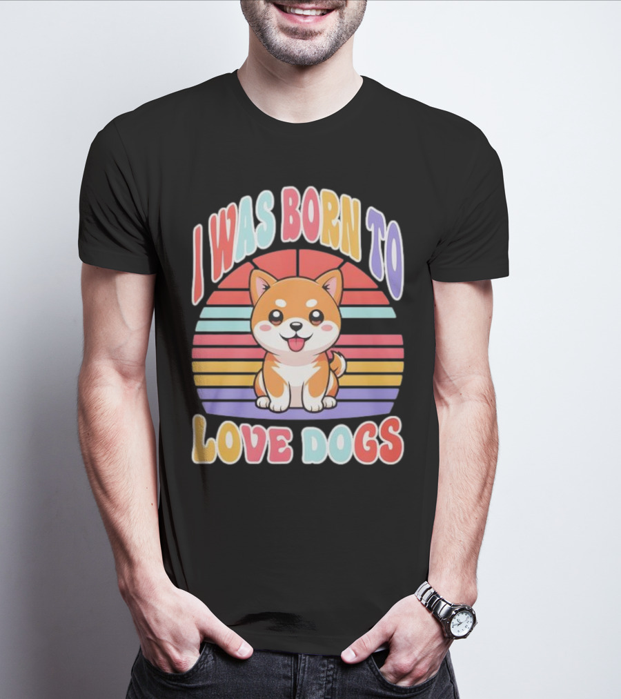 I Was Born To Love Dogs Cute Cartoon Shiba Inu Rainbow Colors T-Shirt