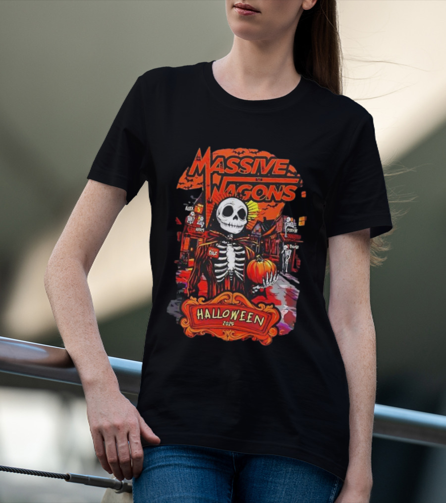 Massive Wagons Halloween 2023 Skeleton Pumpkin Spooky Street Scene T-Shirt