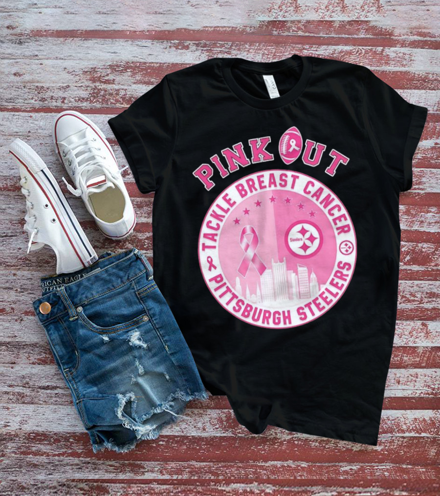 Pink Out Tackle Breast Cancer Pittsburgh Steelers Ribbon Awareness T-Shirt