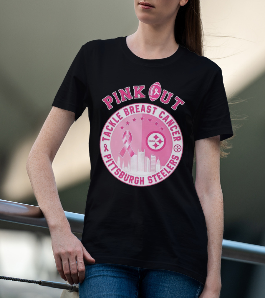 Pink Out Tackle Breast Cancer Pittsburgh Steelers Ribbon Awareness T-Shirt