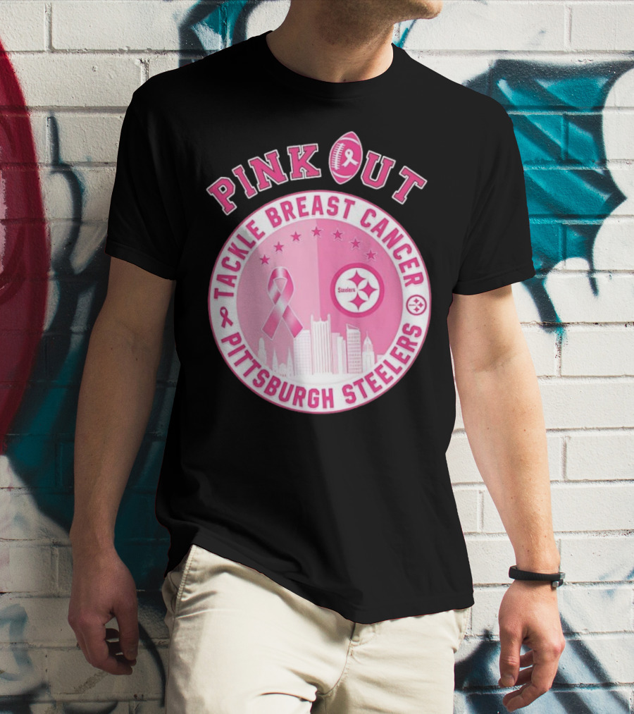Pink Out Tackle Breast Cancer Pittsburgh Steelers Ribbon Awareness T-Shirt