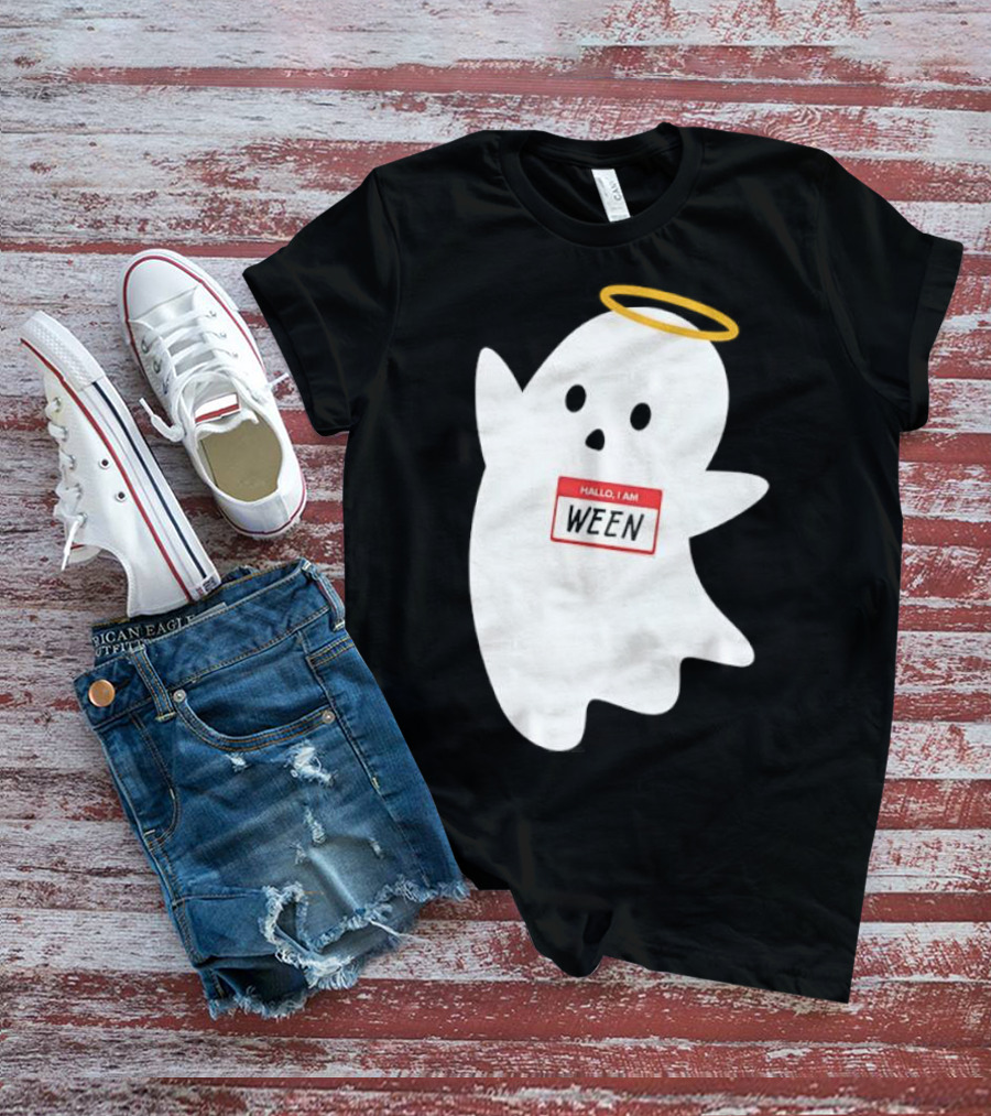 Hallo I Am Ween Ghost With Halo And Happy Halloween Name Tag T-Shirt