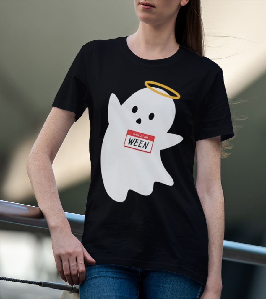 Hallo I Am Ween Ghost With Halo And Happy Halloween Name Tag T-Shirt