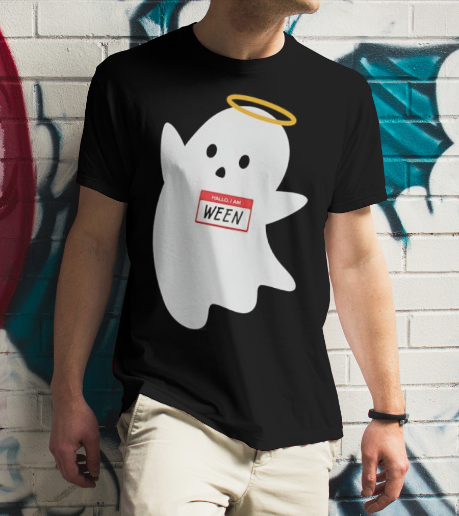 Hallo I Am Ween Ghost With Halo And Happy Halloween Name Tag T-Shirt