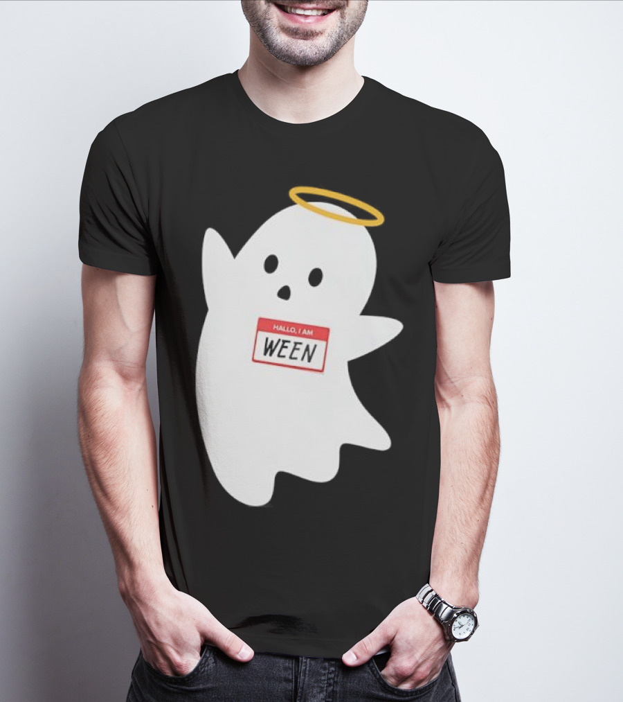 Hallo I Am Ween Ghost With Halo And Happy Halloween Name Tag T-Shirt