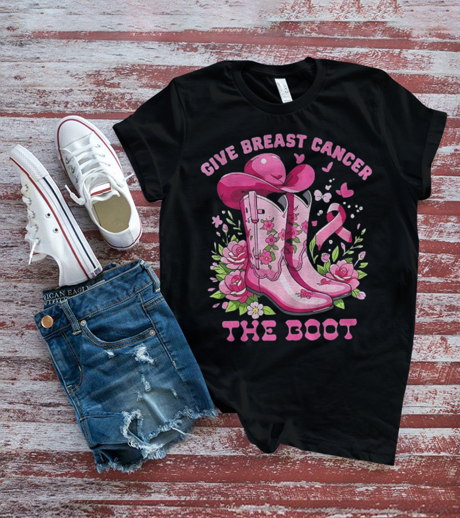 Vintage Pink Cowboy Boots Floral Breast Cancer Awareness T-Shirt
