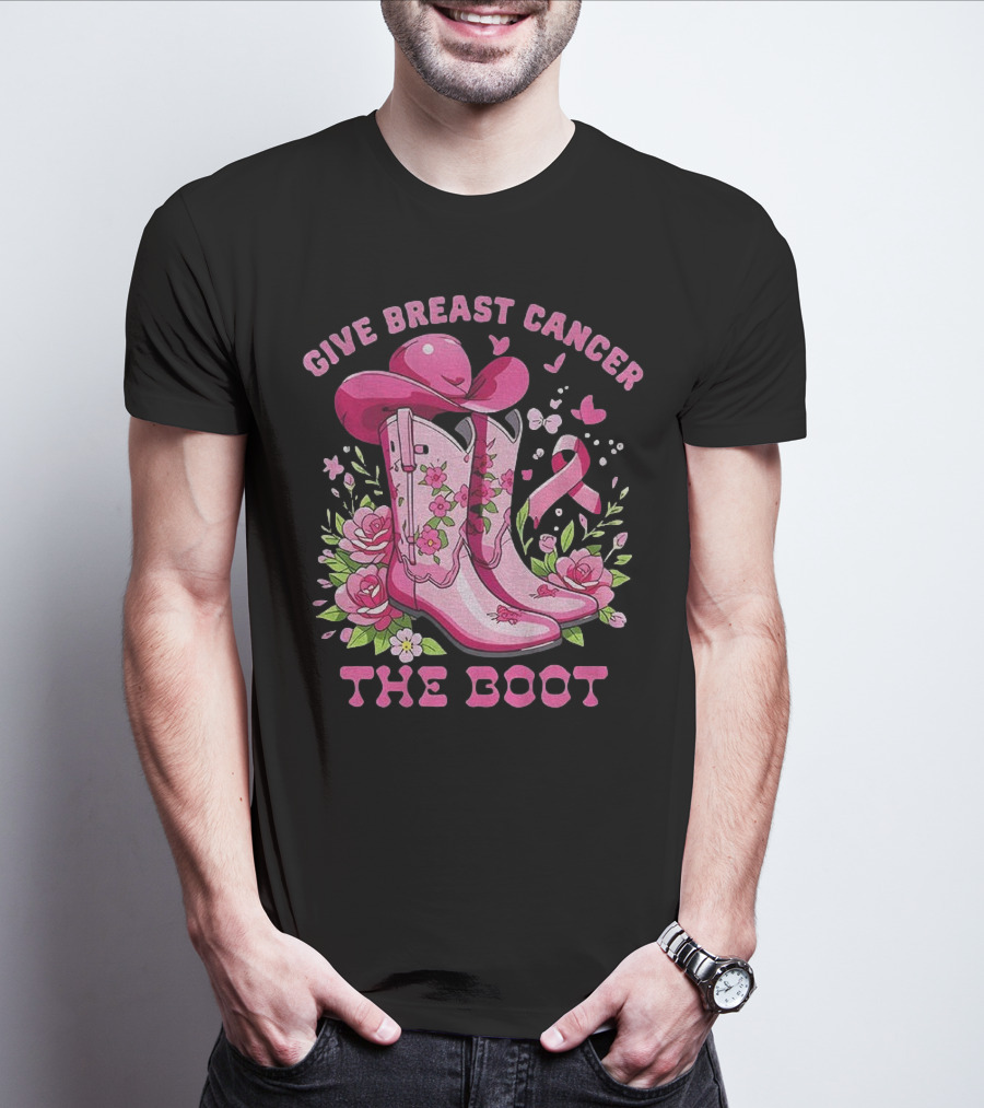 Vintage Pink Cowboy Boots Floral Breast Cancer Awareness T-Shirt