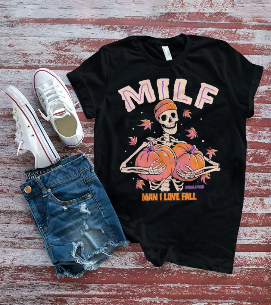 MILF Skeleton Man I Love Fall Pumpkins Leaves Vintage Halloween T-Shirt