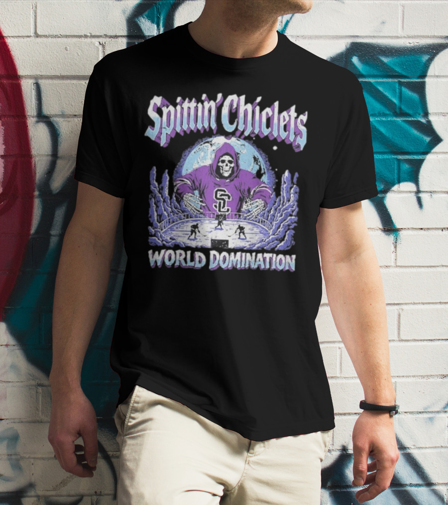 Spittin Chiclets Grim Reaper Hockey World Domination Moon T-Shirt