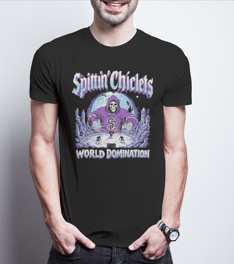 Spittin Chiclets Grim Reaper Hockey World Domination Moon T-Shirt
