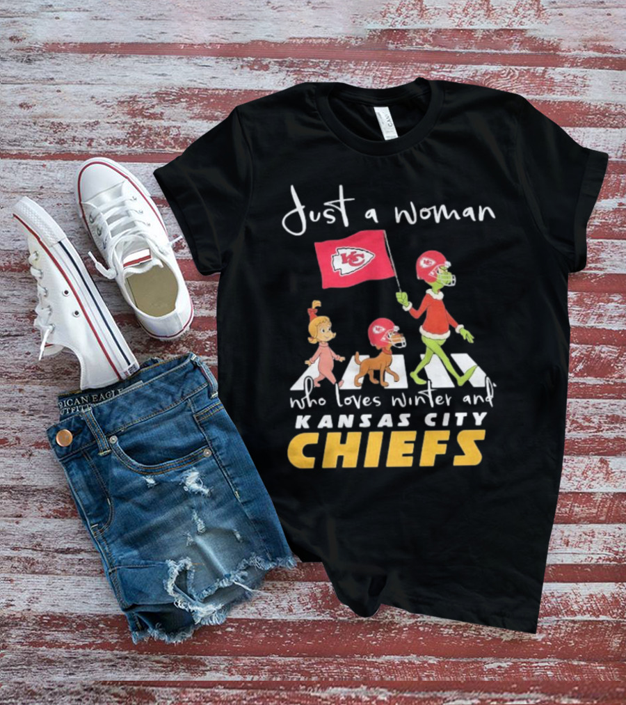 Just A Woman Who Loves Winter And Kansas City Chiefs Abbey Road T-Shirt