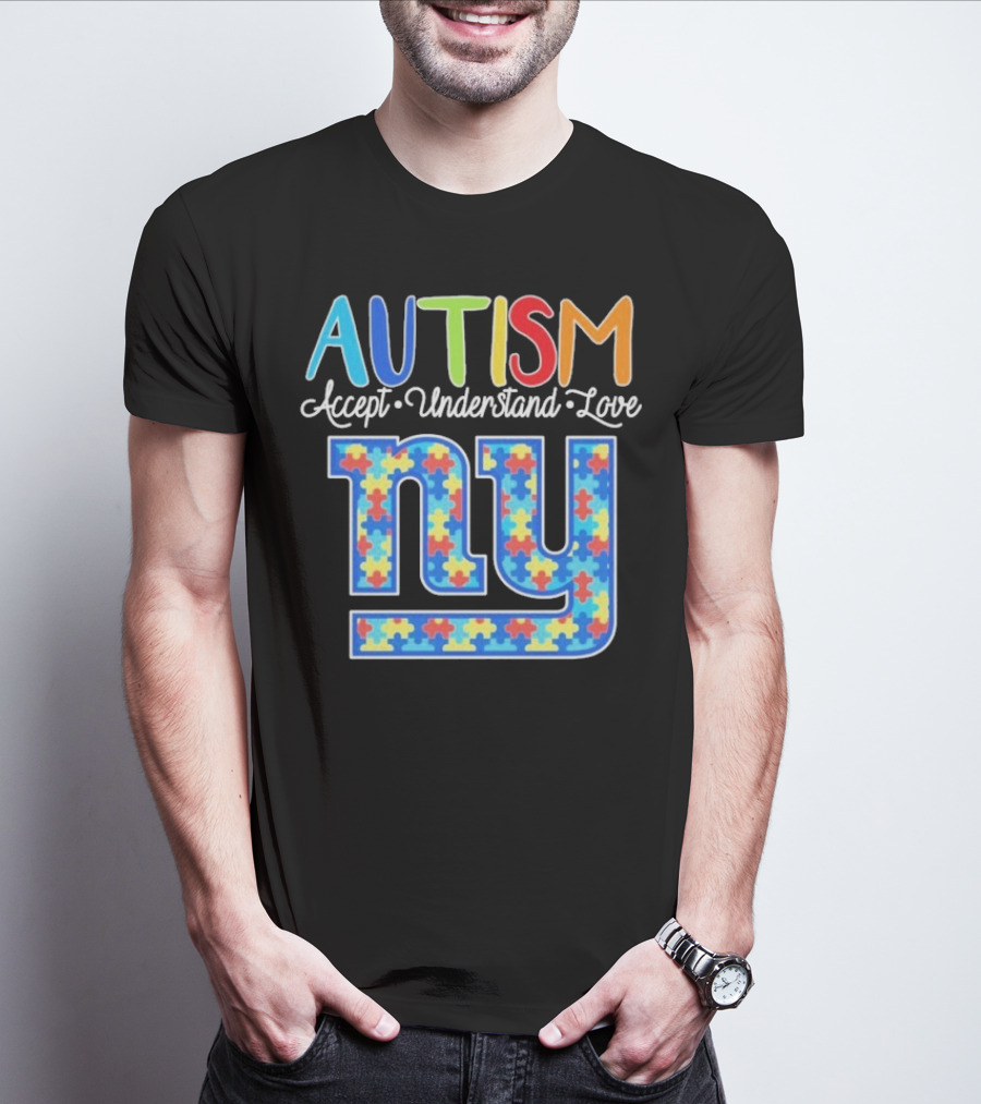 Autism Accept Understand Love NY Giants Puzzle Piece Pattern T-Shirt