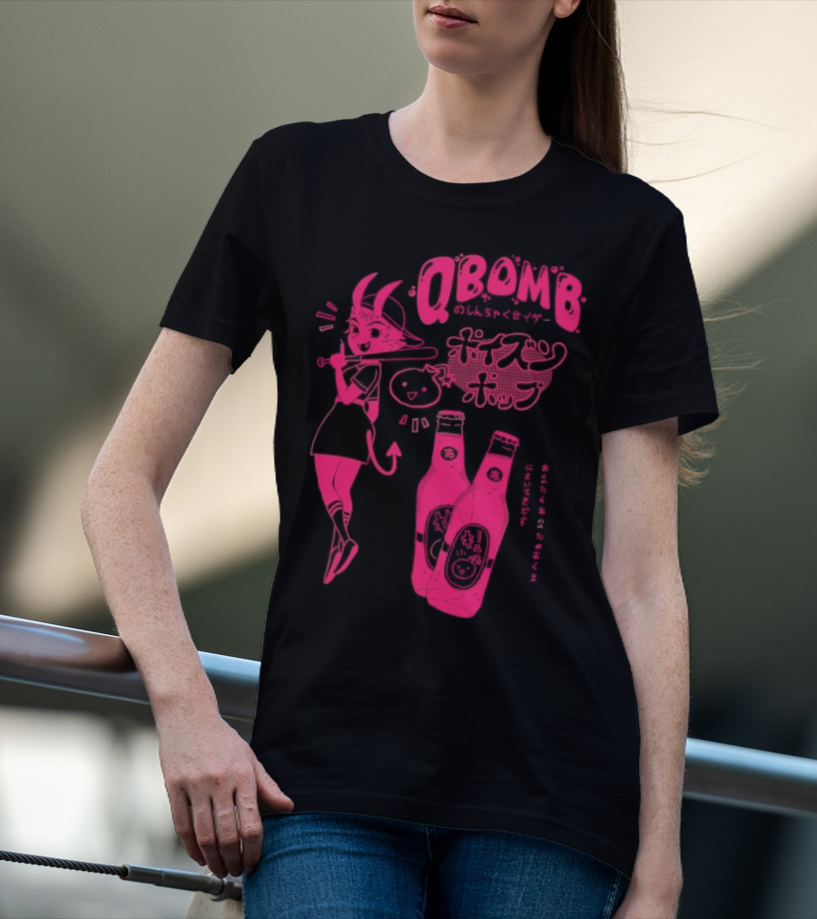 Qbomb Poison Pop Anime Demon Girl Japanese Text Retro Soda Bottles T-Shirt