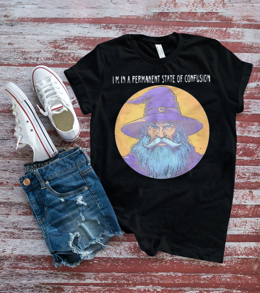 Wizard Magic I'm In A Permanent State Of Confusion Purple Hat Mystic Illustration T-Shirt