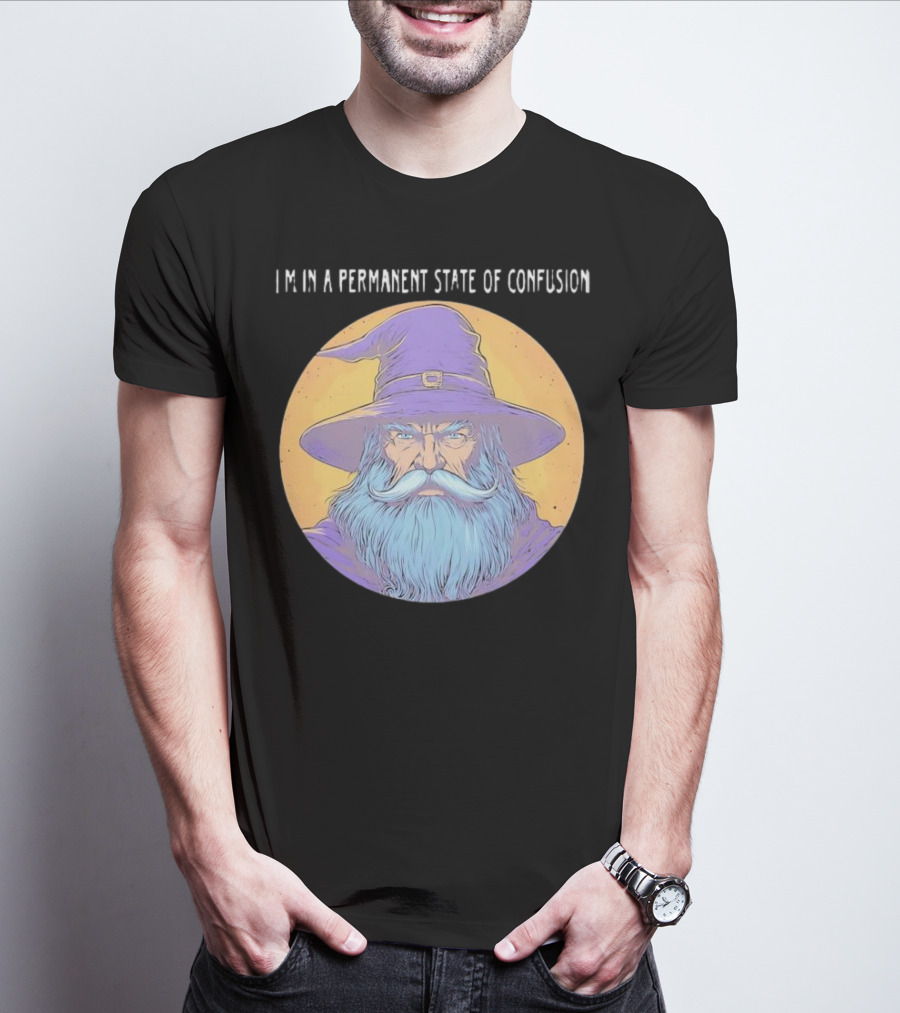 Wizard Magic I'm In A Permanent State Of Confusion Purple Hat Mystic Illustration T-Shirt