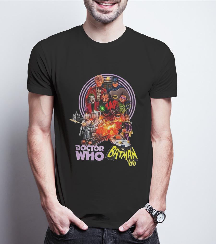 Doctor Who Batman '66 Crossover With Joker And Cybermen Explosions T-Shirt