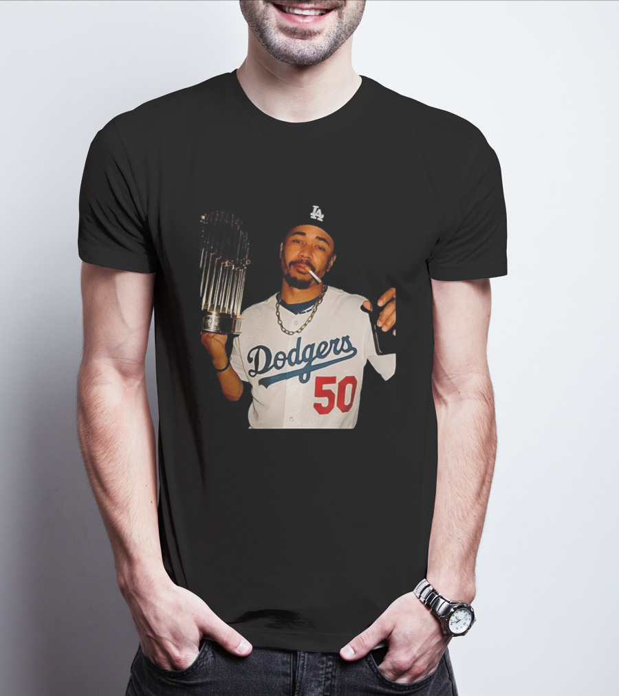 Mookie Betts Dodgers 2025 World Series Champions Celebration Smoking Topps T-Shirt