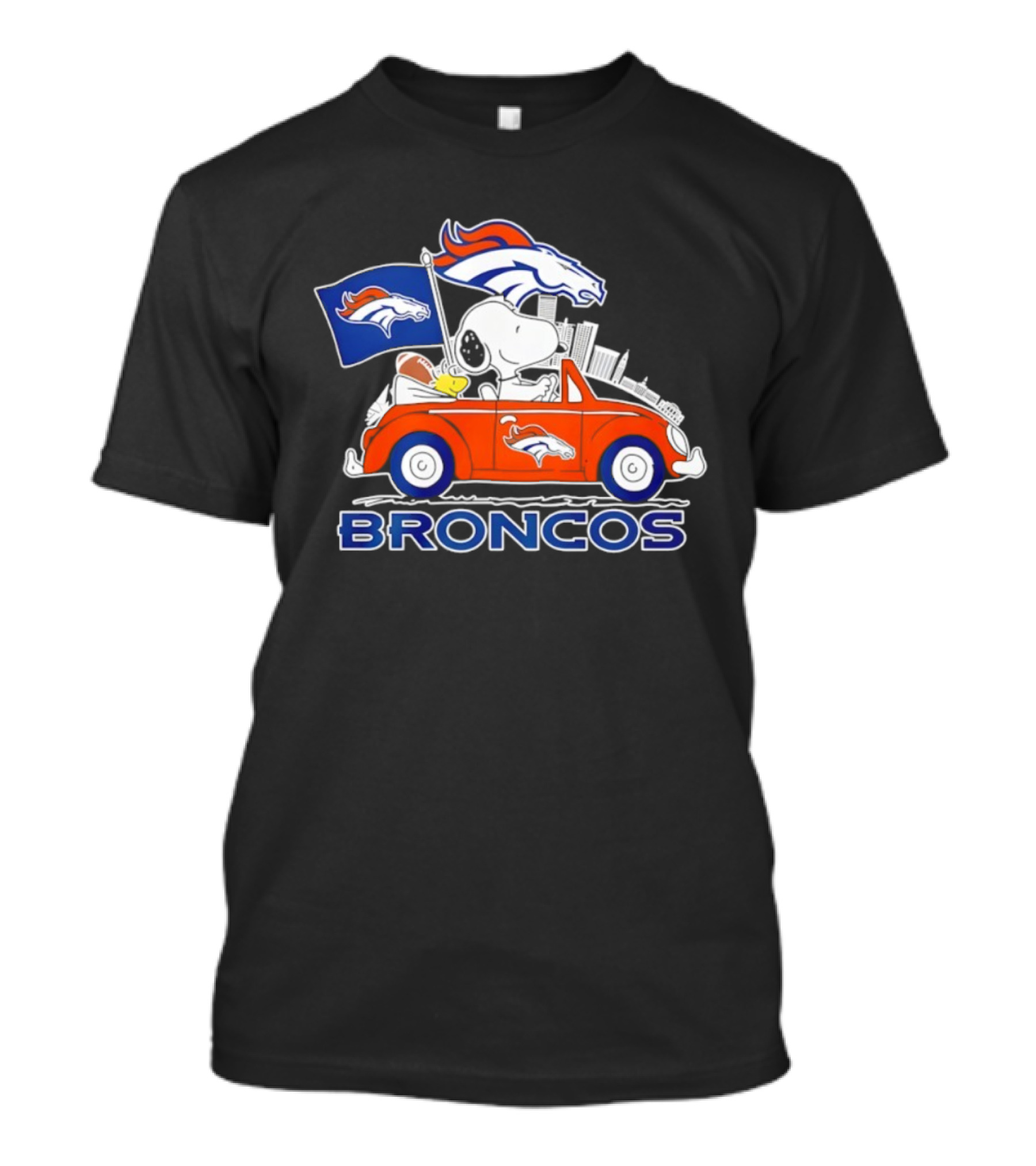 Denver Broncos Snoopy Woodstock Driving Car NFL Peanuts Crossover T-Shirt