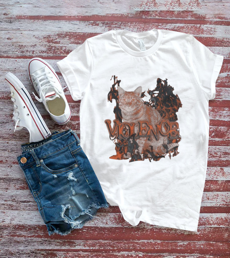 Violence Cat Flames Bold Typography Fiery Graphic T-Shirt