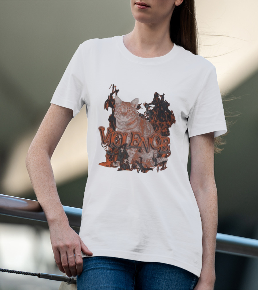 Violence Cat Flames Bold Typography Fiery Graphic T-Shirt