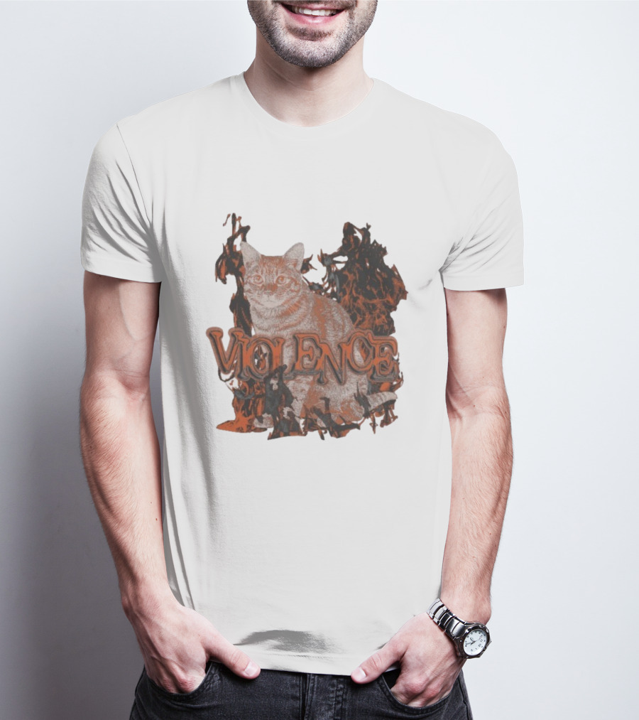Violence Cat Flames Bold Typography Fiery Graphic T-Shirt