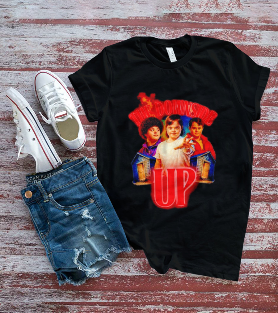The Downside Up Stranger Things Meme Parody With Character Trio And Cabins T-Shirt