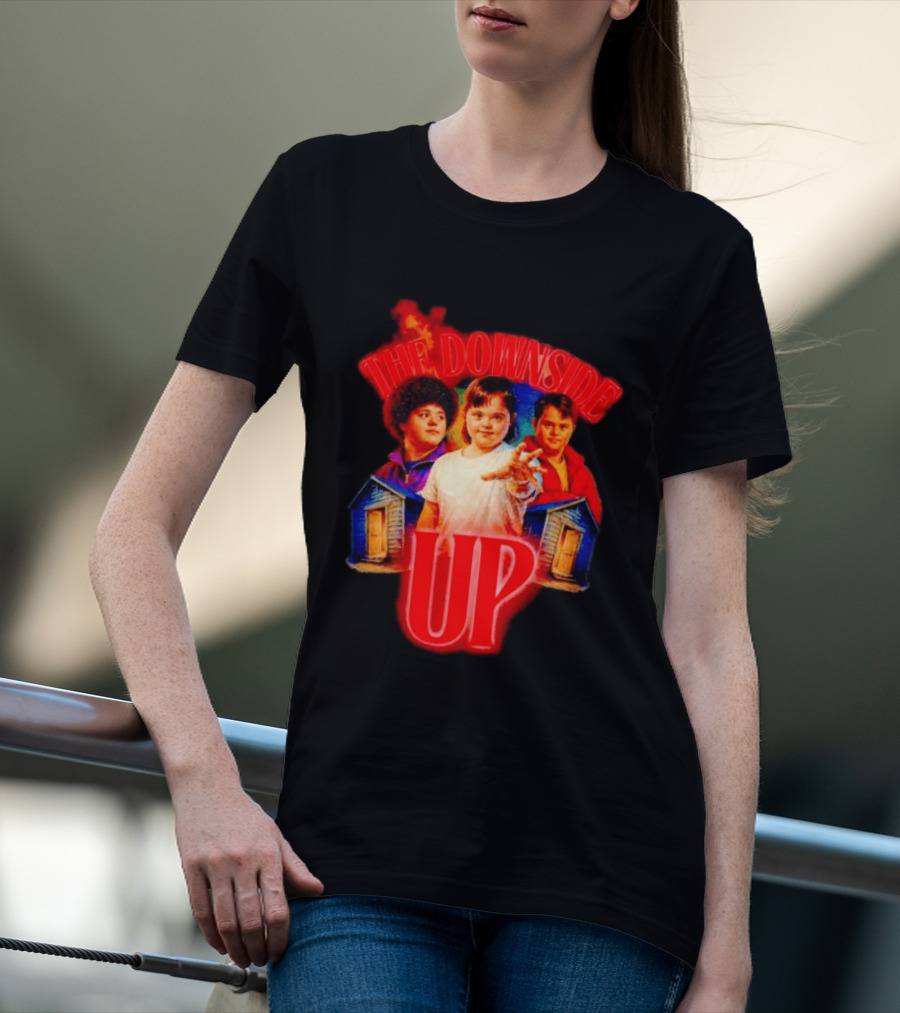 The Downside Up Stranger Things Meme Parody With Character Trio And Cabins T-Shirt