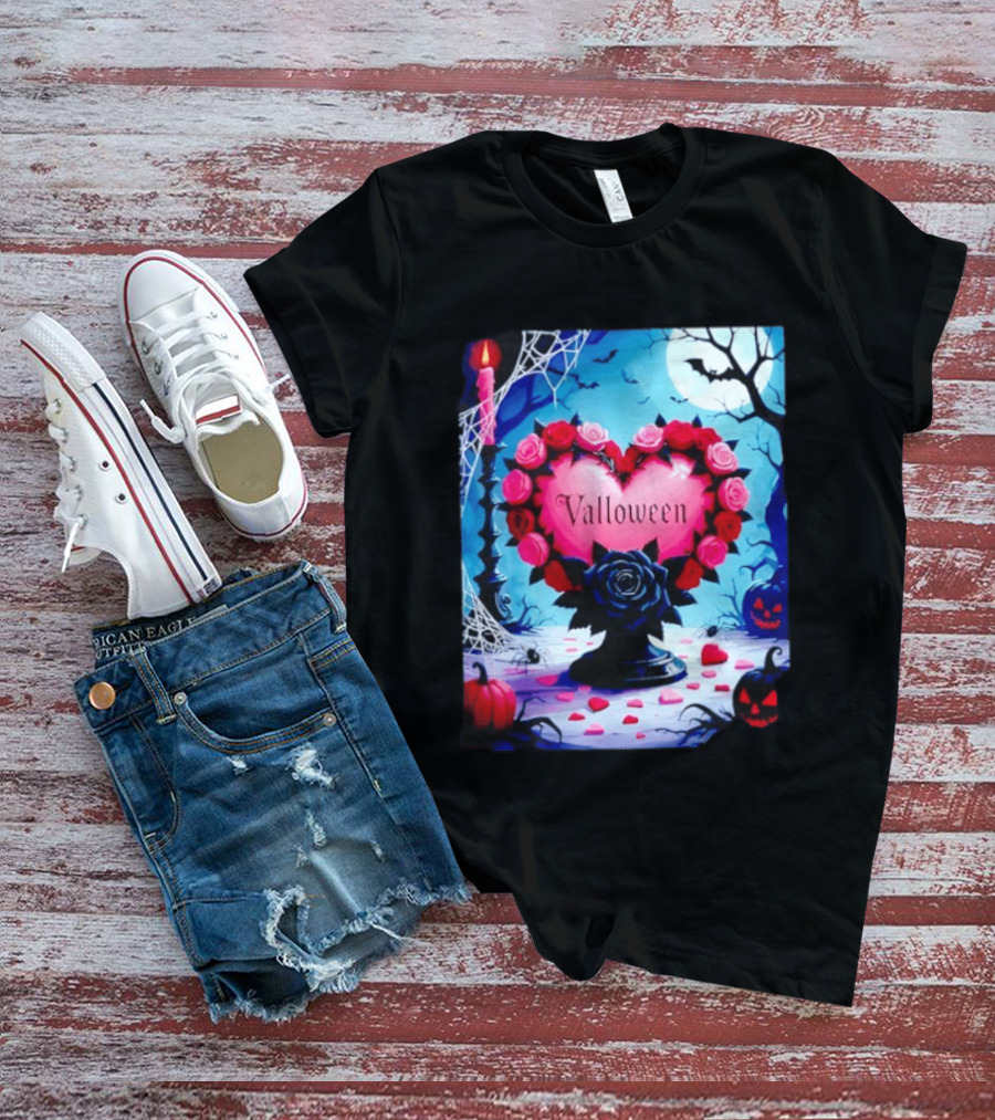Valloween Romance And Menace Heart Rose Candle Moonlit Halloween T-Shirt