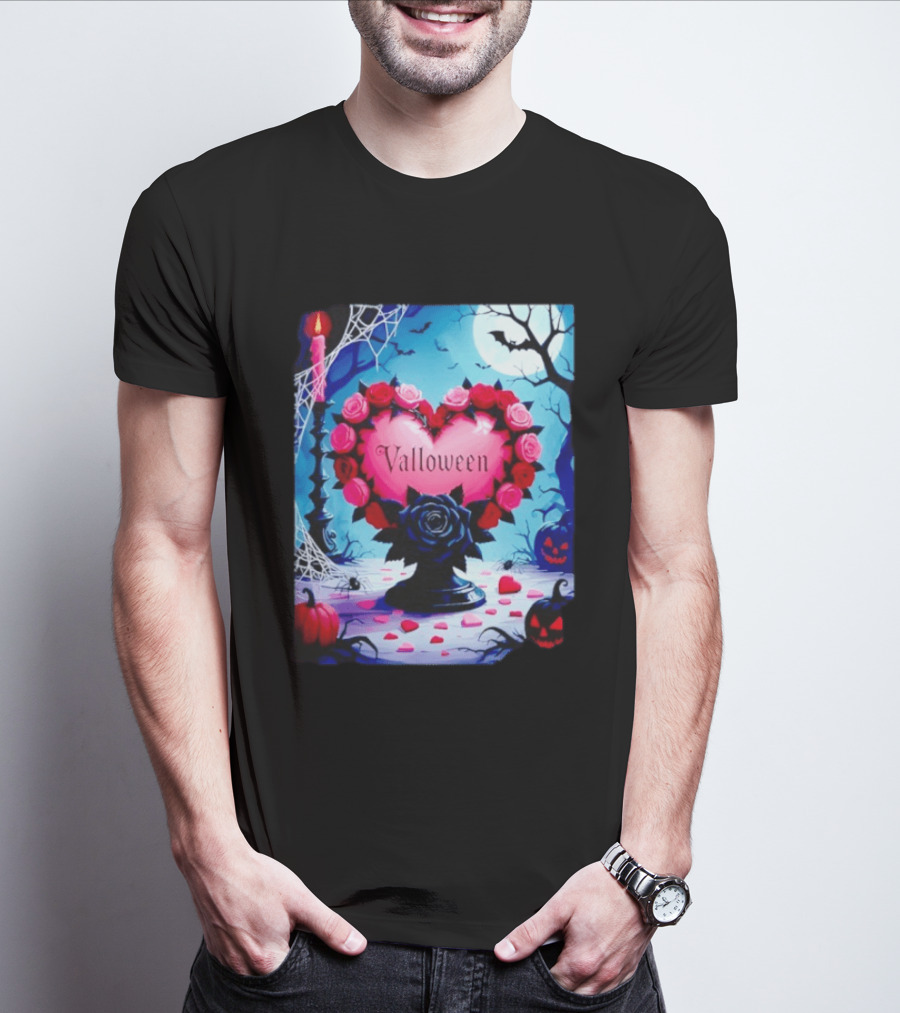 Valloween Romance And Menace Heart Rose Candle Moonlit Halloween T-Shirt