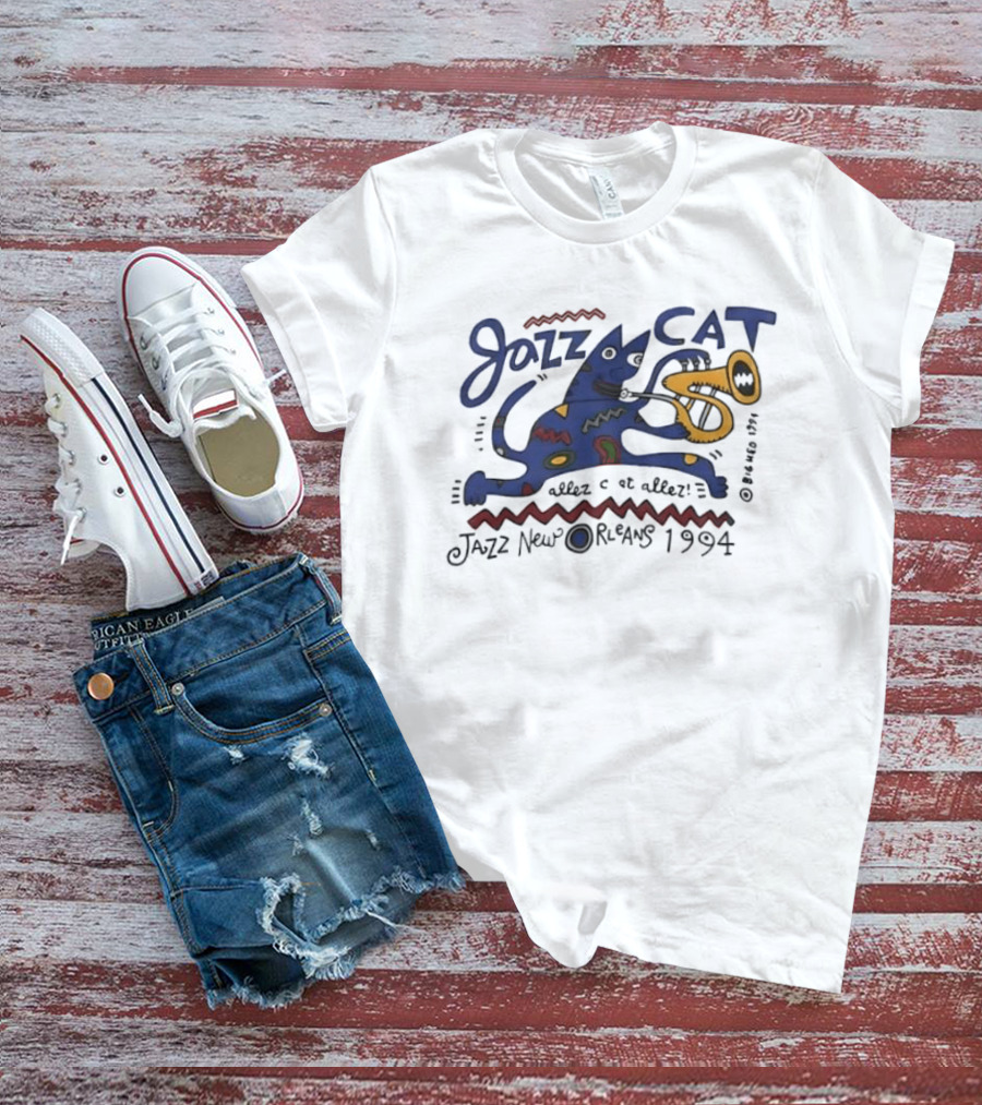 Jazz Cat New Orleans 1994 Cartoon Cat Playing Saxophone T-Shirt