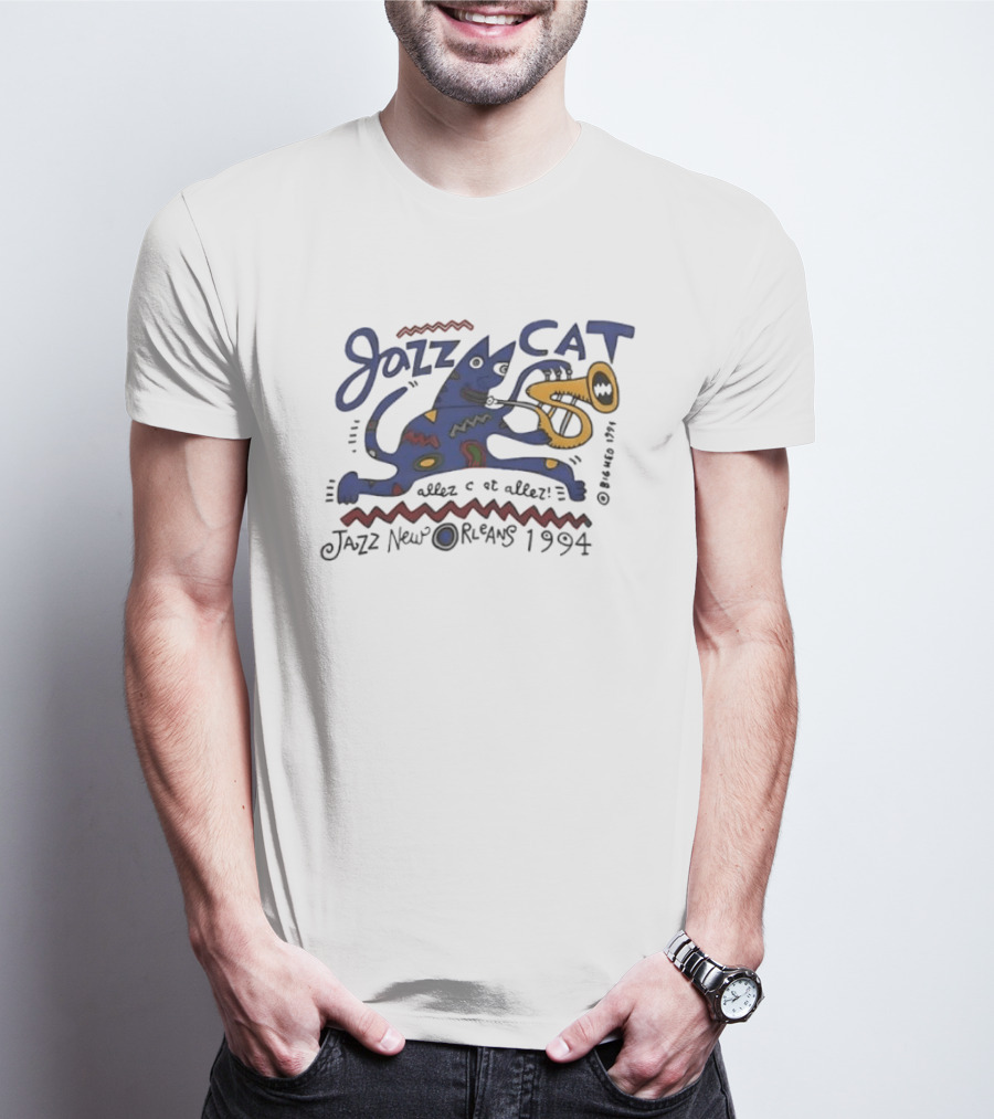 Jazz Cat New Orleans 1994 Cartoon Cat Playing Saxophone T-Shirt