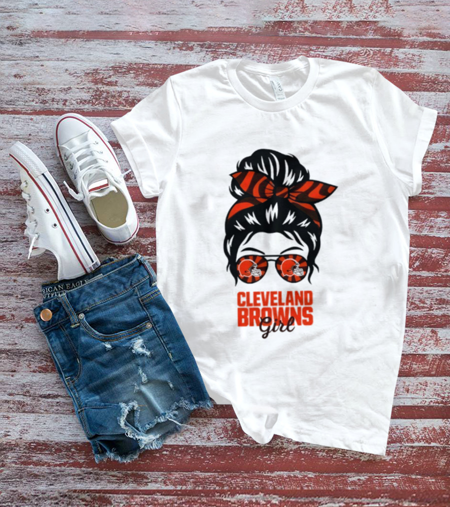 Cleveland Browns Fan Messy Bun Sunglasses T-Shirt