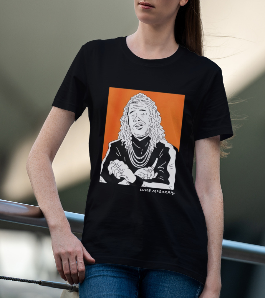 Luke McGarry Cartoon Character With Long Hair And Chains On Orange T-Shirt