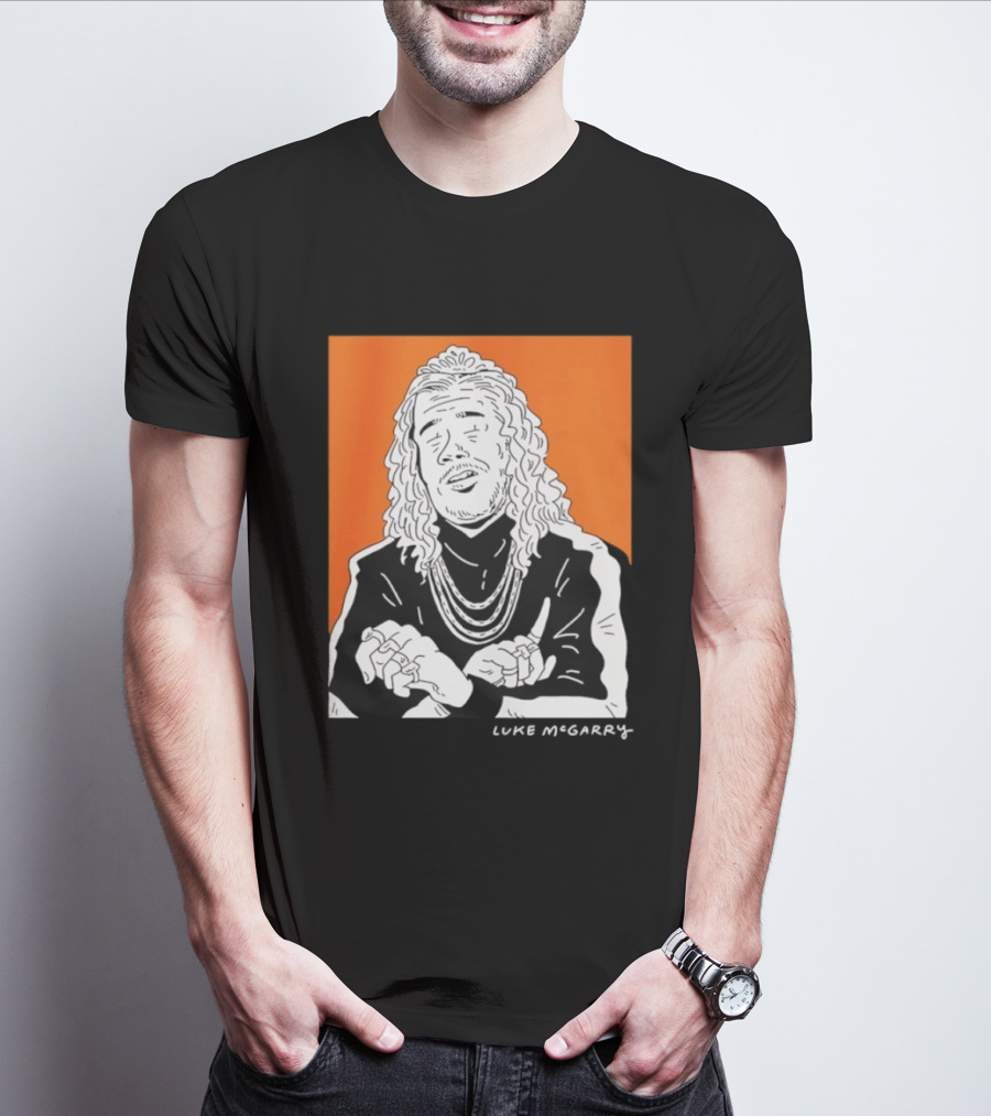 Luke McGarry Cartoon Character With Long Hair And Chains On Orange T-Shirt