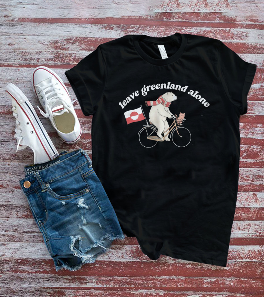 Leave Greenland Alone Bear On Bicycle With Greenland Flag And Scarf T-Shirt
