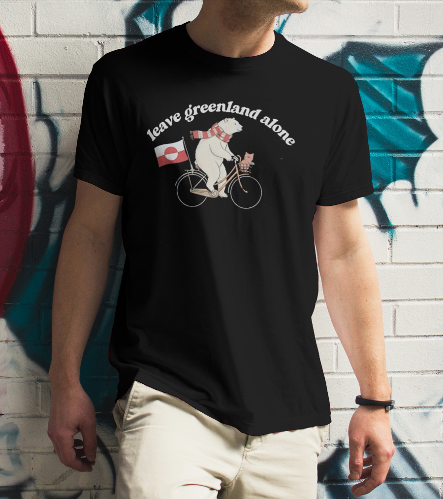 Leave Greenland Alone Bear On Bicycle With Greenland Flag And Scarf T-Shirt