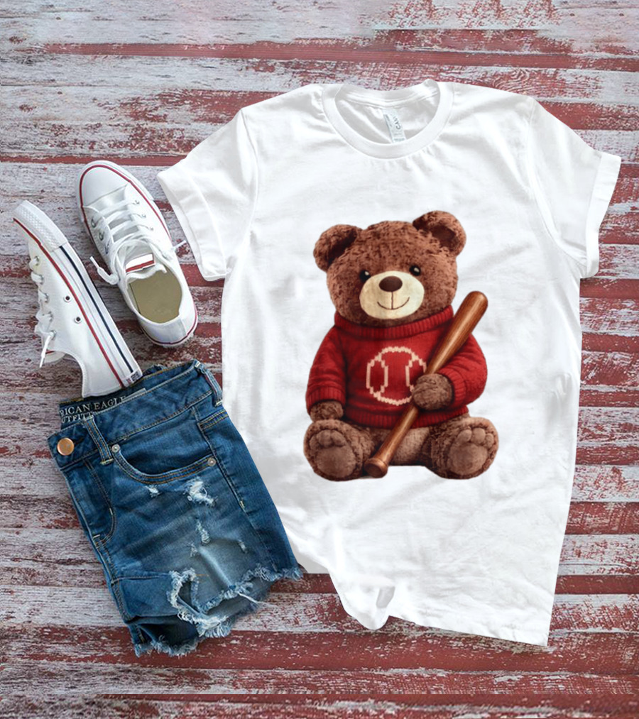 Baseball Bat Teddy Bear Cincinnati Reds Retro Reds Sweater T-Shirt