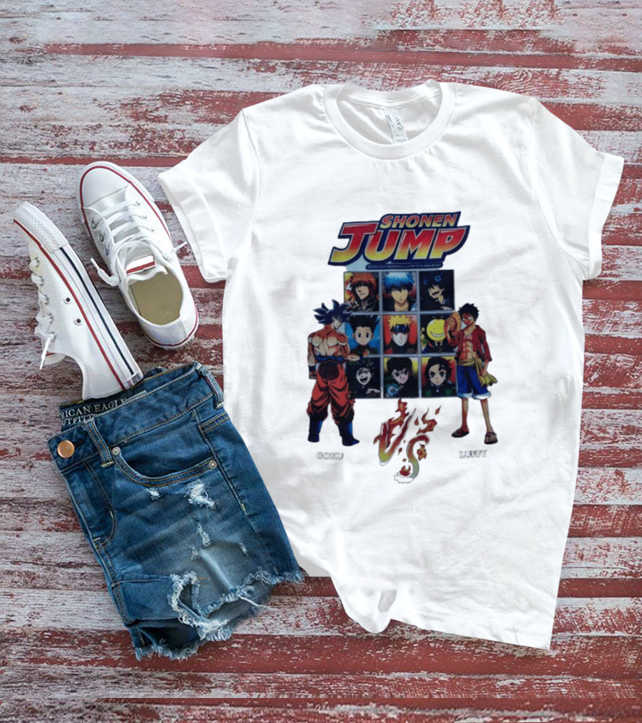 Shonen Jump Goku Luffy Anime Crossover Naruto One Piece Classic Manga Characters T-Shirt