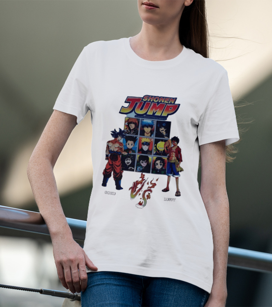 Shonen Jump Goku Luffy Anime Crossover Naruto One Piece Classic Manga Characters T-Shirt