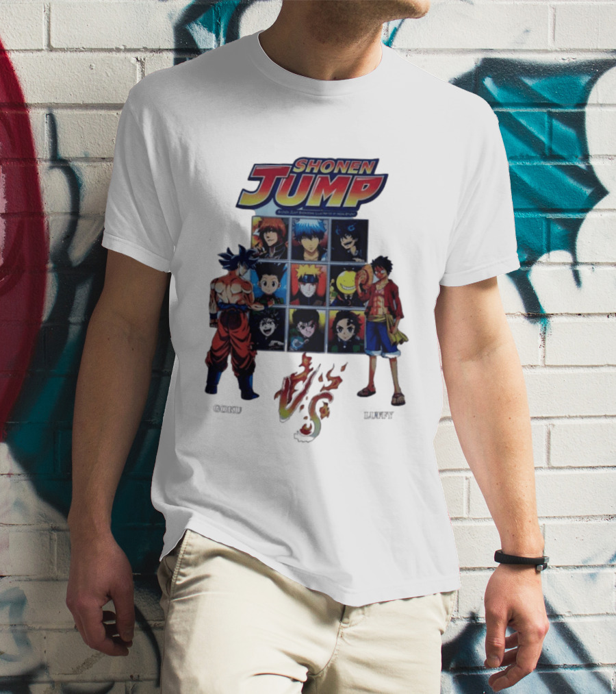 Shonen Jump Goku Luffy Anime Crossover Naruto One Piece Classic Manga Characters T-Shirt