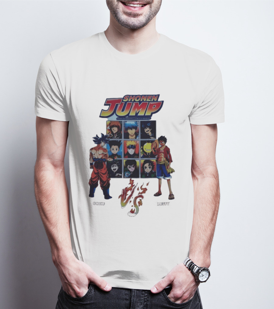 Shonen Jump Goku Luffy Anime Crossover Naruto One Piece Classic Manga Characters T-Shirt